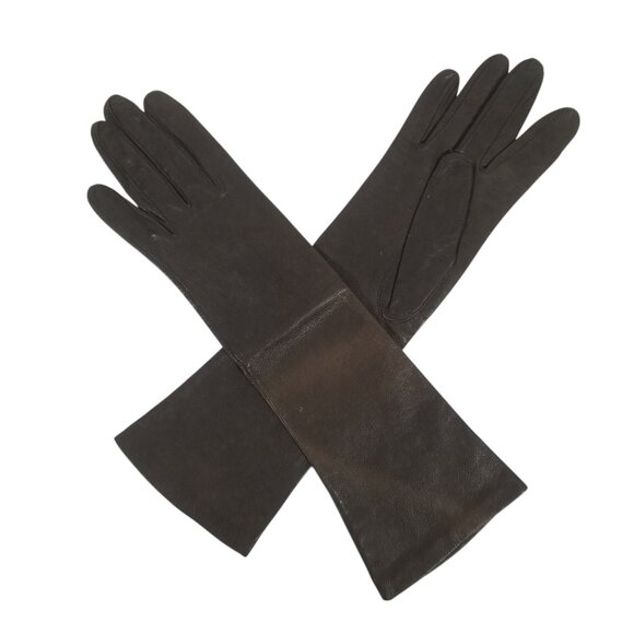 Vintage Kid Leather Gloves Dark Brown 3/4 Length Silk Lined Washable 6 1/2 - Picture 2 of 11